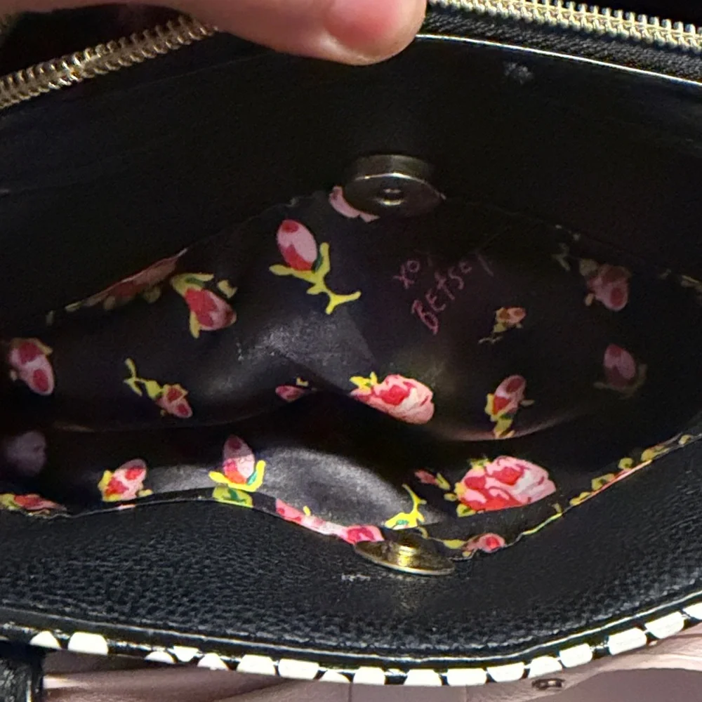 Betsey Johnson Black & White Pebble Satchel with Pink Bow